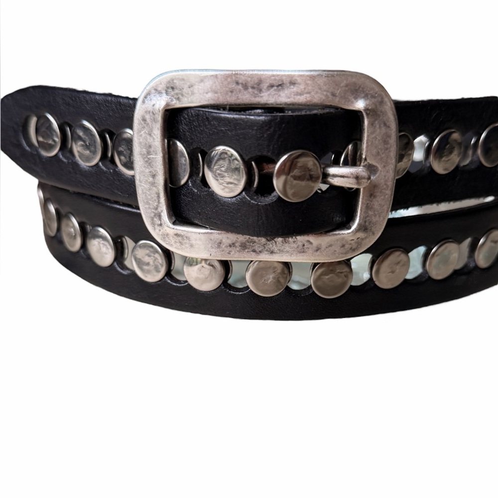 Black Studded Leather Belt with Silver Buckle